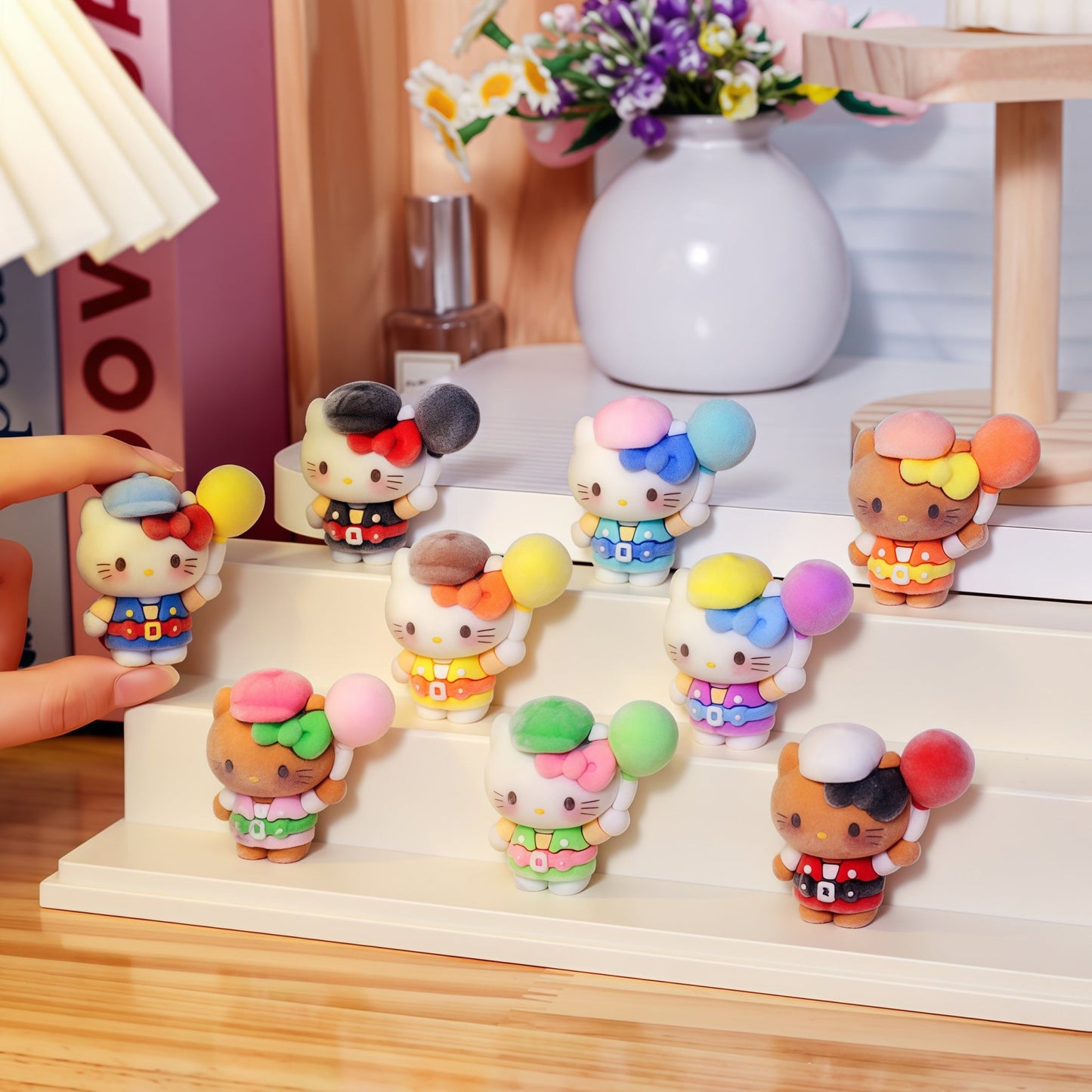 9Pcs Flocked Hello Kitty Travel KT Cat Figurines with Balloon | Cute Desk Decor & Holiday Gift Set - Buhigift