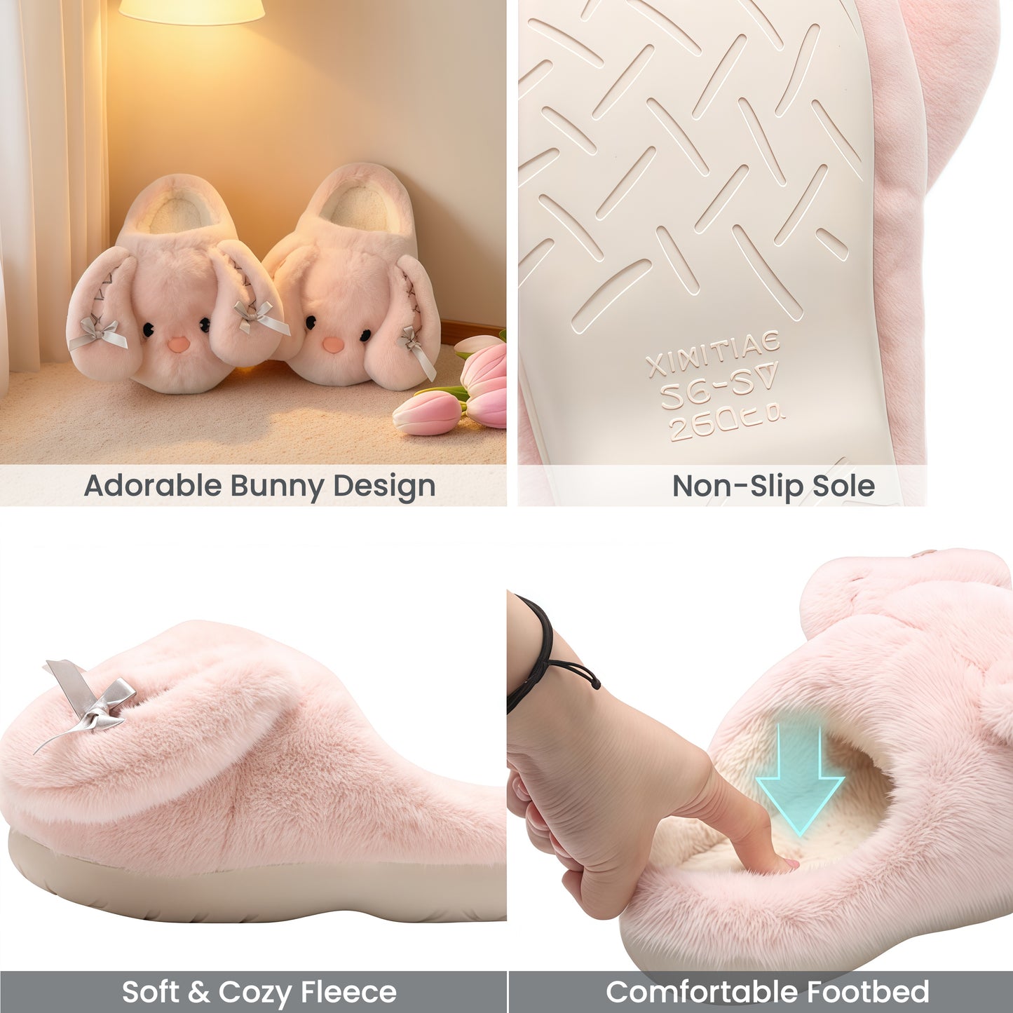 Cute Bunny Slippers Shoes, Cozy Christmas for Women - Plush Non-Slip Indoor Booties, Festive House Shoes