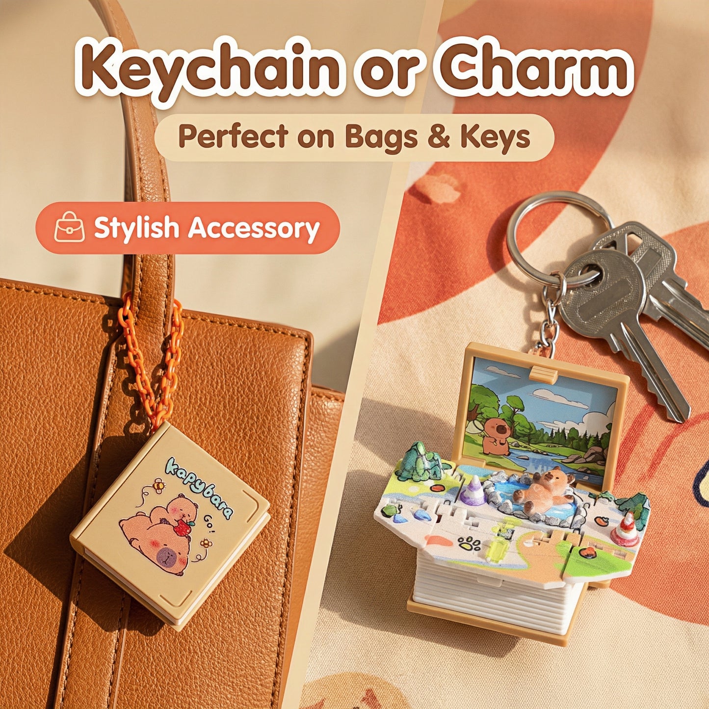 Funny Novelty 3D Pop-Up Book Bag Charms Keychain, Folding Mini Scene Keyring Bag Decoration, Birthday Gift for Girls Boys Children, Capybara Football Lover Design