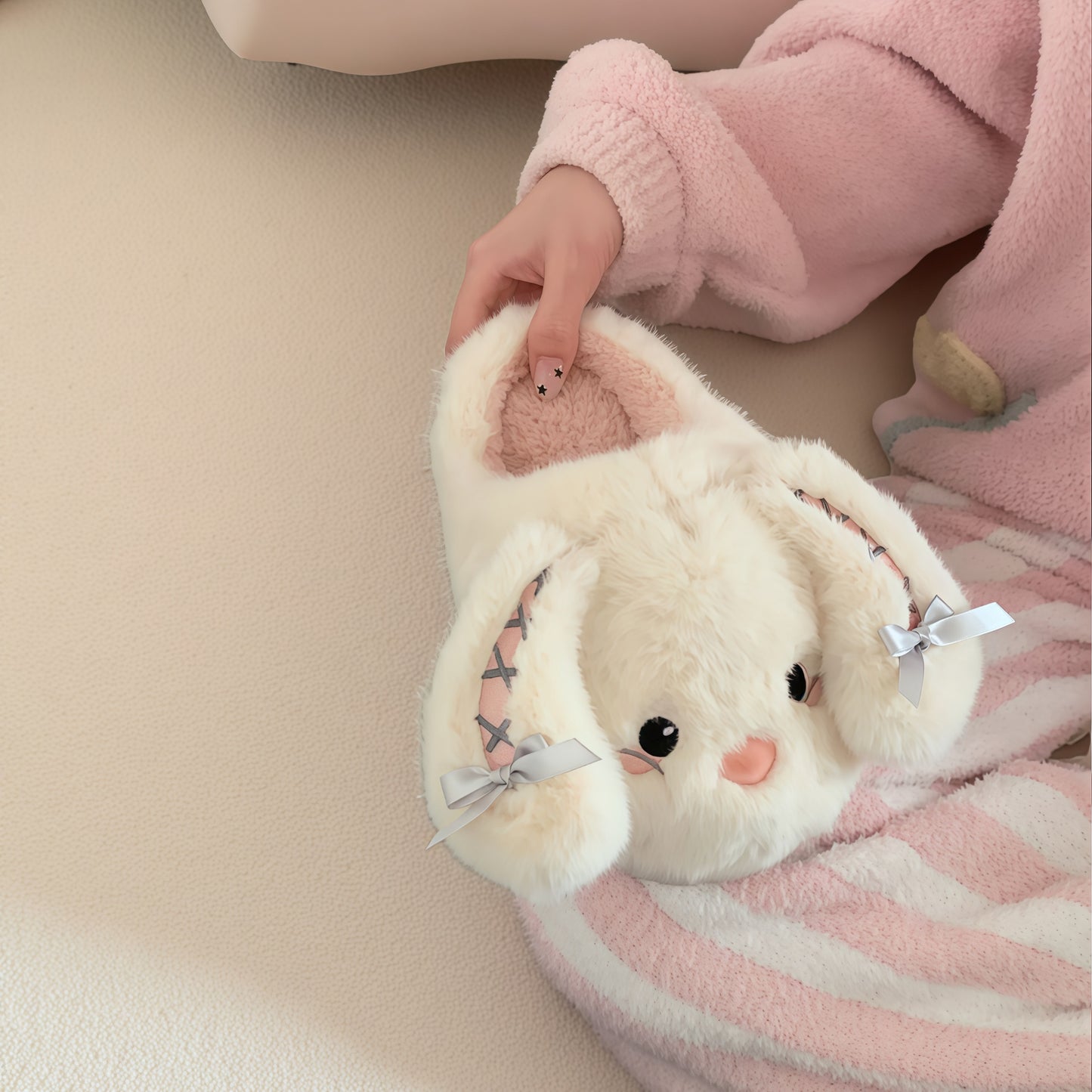 Cute Bunny Slippers Shoes, Cozy Christmas for Women - Plush Non-Slip Indoor Booties, Festive House Shoes