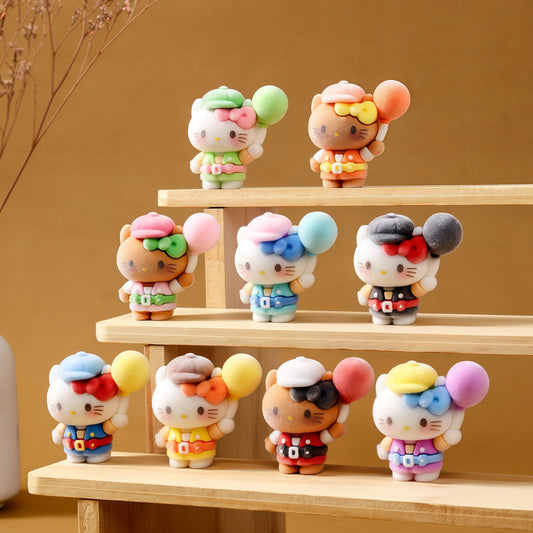 9Pcs Flocked Hello Kitty Travel KT Cat Figurines with Balloon | Cute Desk Decor & Holiday Gift Set - Buhigift