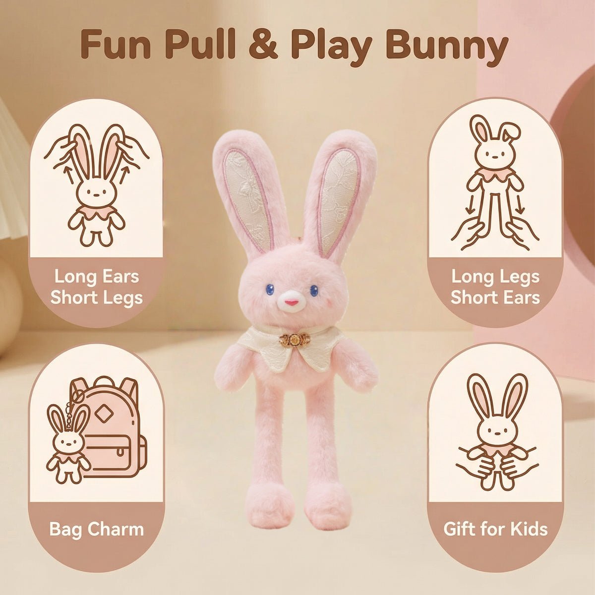 Pull - Up Rabbit Plush Toy Keychain & Bag Charm, Interactive Bunny Stuffed Animal with Switchable Ears & Legs, Soft Bunny Pendant for Bags & Keys - Buhigift